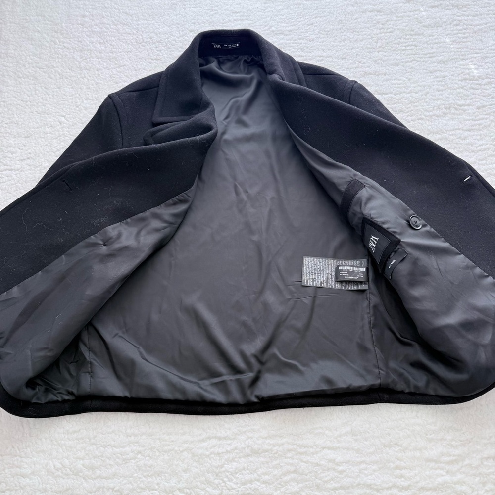 Zara NWOT Men's Black Peacoat Jacket, Classic Wool Blend, Pockets, Size M - Picture 7 of 9